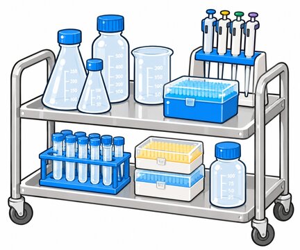 実験室の移動式ワゴンにフラスコや試験管が整理されて並んだ実験器具のイラスト