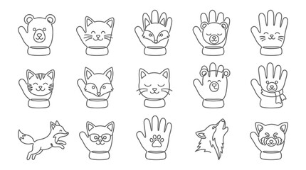 Fototapeta premium Minimalist Outline Vector Set of Cute Animals and Mittens for Children's Design