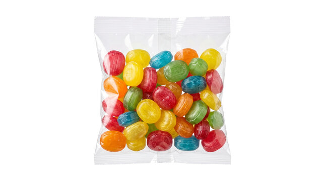 Colorful hard candies inside clear plastic pouch sealed bag isolated on transparent background png file.