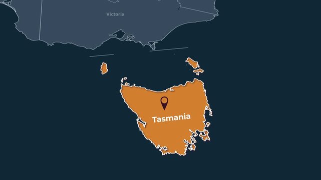 Animated map of Tasmania, Australia, highlighting the state boundary and location within Australia. Useful for geography, education, regional analysis, news, documentary and travel content