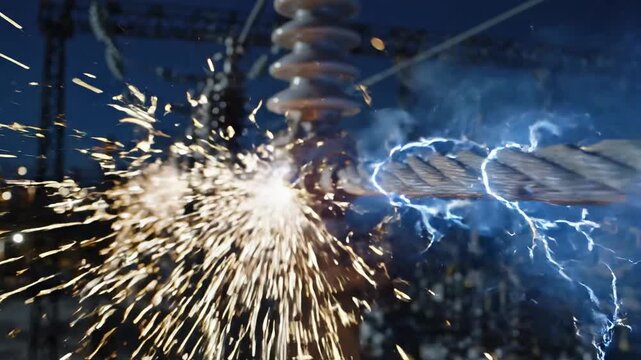 Steel cable under electrical stress throws sparks in industrial test setup. Bright blue arc jumps along wire rope while high voltage flashes, suggesting fierce mechanical testing and raw power.