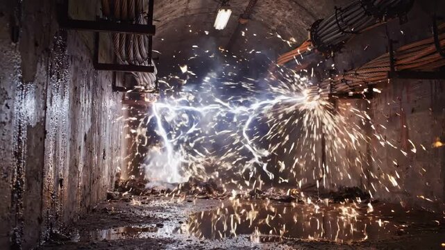 High voltage arc surges through concrete tunnel, showering sparks over damp ground and stained walls. Electrical discharge flickers beneath cable racks, filling industrial passage with bright smoke.