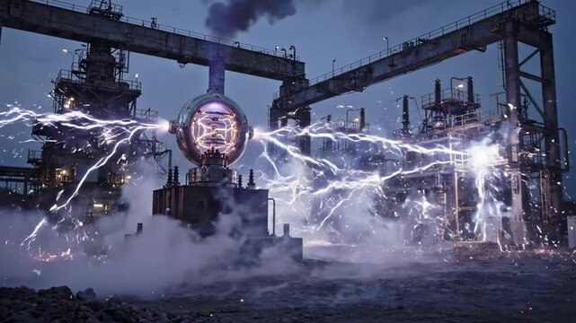 Industrial power core crackles with electricity amid refinery structures. Central orb emits violent arcs over heavy machinery, while drifting vapor and scattered sparks add bleak futuristic mood.