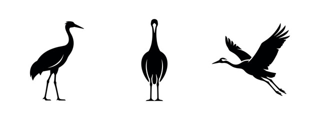 Obraz premium Graceful crane bird silhouettes in standing and flying poses against white background