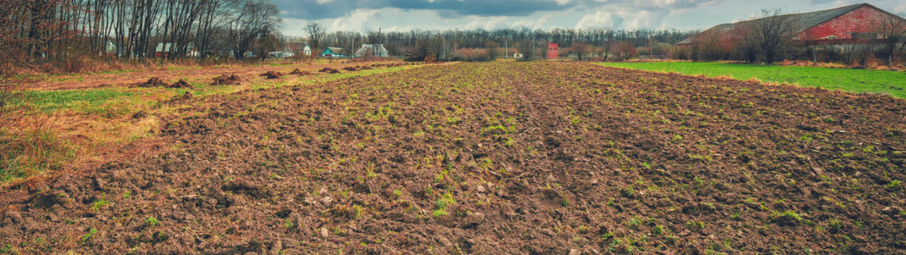 View of an arable field with a partly cloudy sky. Rural landscape in early spring