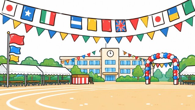 万国旗とカラフルな飾り付けがされた運動会会場の学校の校庭のイラスト