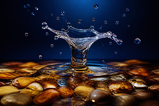 A splash of water erupts from a pool on a bed of smooth, wet stones against a dark blue background.