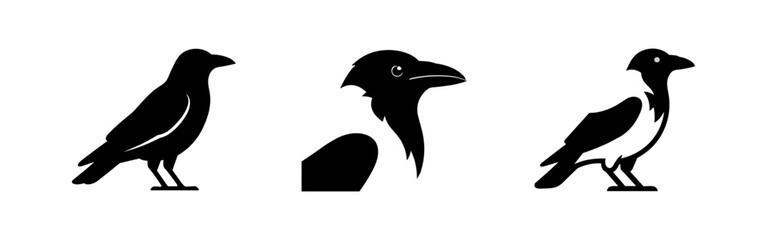 Obraz premium Crow Bird Silhouette Icons - Vector Collection of Ravens, Including Head Profile and Full Body