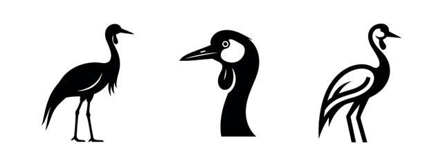 Obraz premium Crane Bird Silhouette Icons Set - Vector Illustrations of Elegant Long-Legged Birds with Head Detail