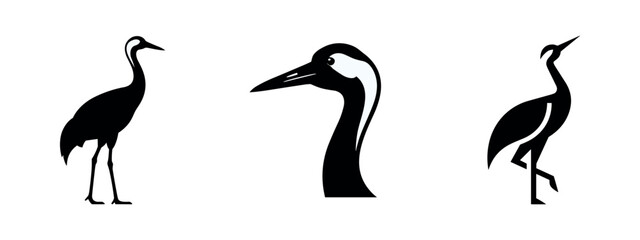 Obraz premium Crane Bird Silhouette Icons Set - Vector Illustrations of Cranes and Detailed Head Profile