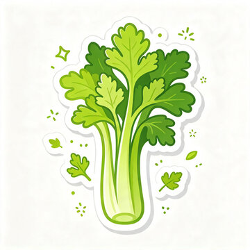 Fresh green celery stick with leaves, vector illustration isolated on white background, sticker style