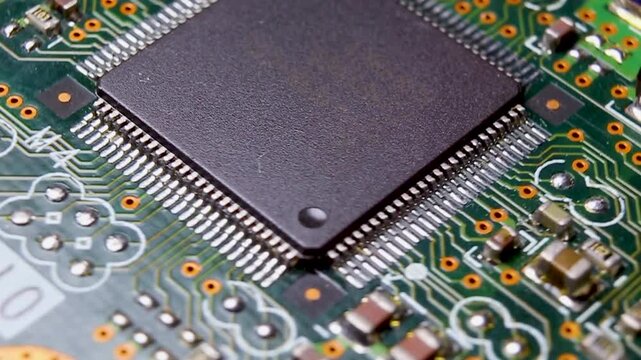 View of a part of an electronic printed circuit board with components and a microcircuit, video macro shooting