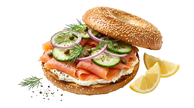 Smoked salmon bagel with cream cheese cucumber red onion dill and capers lemon slices.