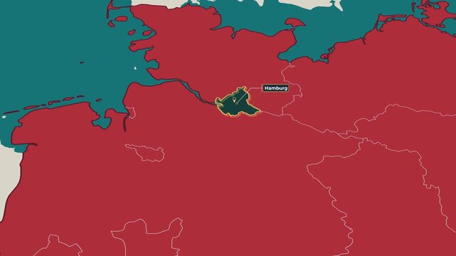 Animated map of Hamburg, Germany, highlighting the federal state boundary and location within Germany. Useful for geography, education, regional analysis, news, documentary and European content
