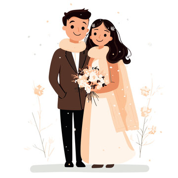 romantic wedding couple bride and groom in winter dress vector illustration