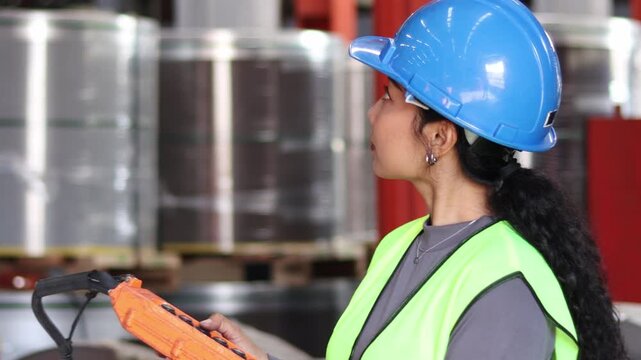 Asian industrial engineer in safety vest and helmet working with machine controller to lift a large metal pipe up at manufacturing plant factory. Woman worker operating machine at industrial factory.