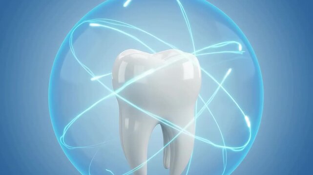 A clean white tooth protected inside a transparent blue bubble against a gradient background.