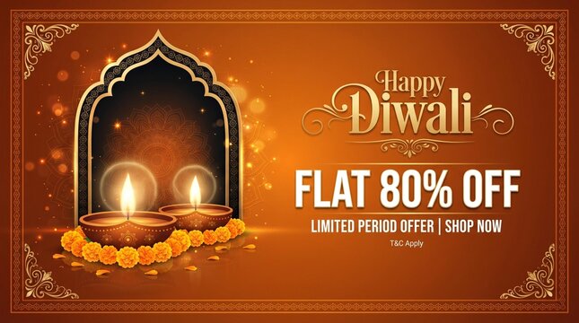 Happy Diwali Sale Vector Banner with Flat 80 Percent Off and Elegant Palace Arch