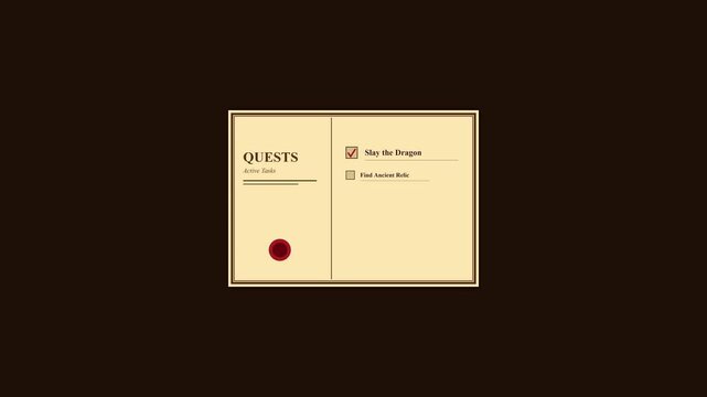 Animated RPG quest log with checkboxes being checked