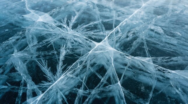 Intricate patterns of cracks in deep blue frozen lake ice with spider web shapes creating a unique natural abstract texture