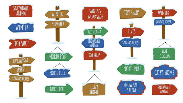 A collection of colorful, snow-covered wooden winter signs pointing to holiday destinations like the North Pole against. Set of Christmas vector illustrations