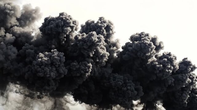 Thick black smoke plume rising against white sky industrial disaster or fire concept