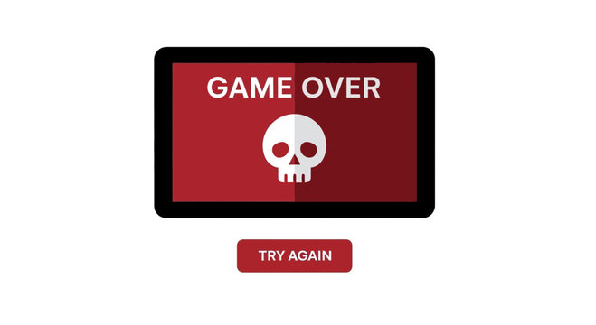 Game Over Screen with Skull Icon and Try Again Button Vector Graphic