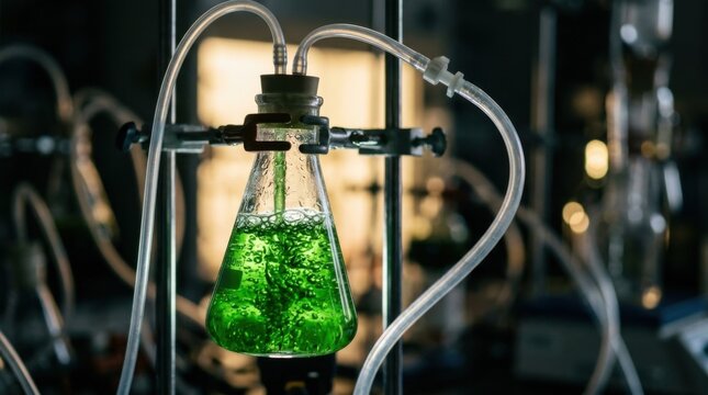 Closeup CONCEPT OF algae biopolymer extraction, a glass flask filled with dense emerald-green microalgae culture connected to clear tubing, bubbling aeration visible, no people, defocused background.