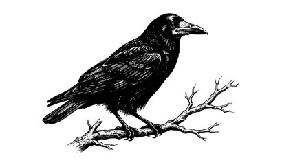 Fototapeta premium Vintage Rook Bird Perched on a Branch Black Ink Vector Art