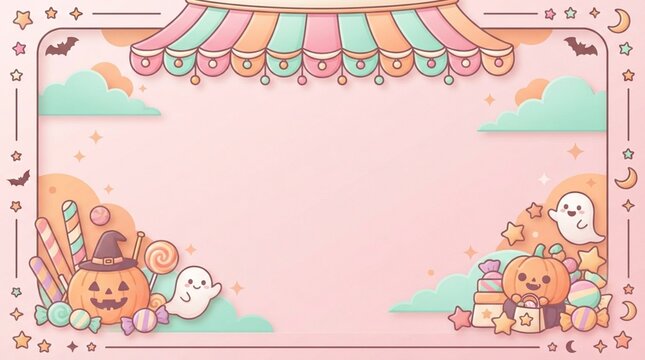 Cute pastel Halloween background with candy and ghosts for festive invitations.