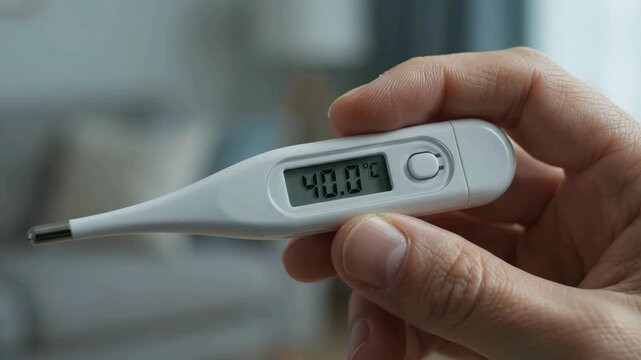 A close-up view of a digital thermometer displaying a high fever temperature held in a person's hand.