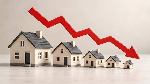 Red downward trend arrow over a row of decreasing miniature houses illustrating a housing market crash and falling real estate values