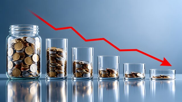 Decreasing stacks of coins inside glass jars with a red downward arrow symbolizing loss of savings and rising inflation