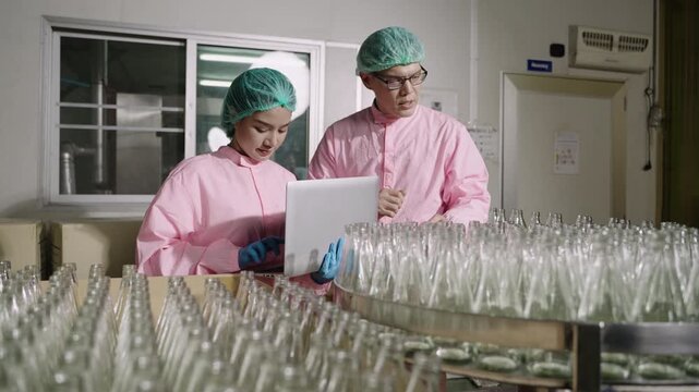 Team of Asian quality control inspectors in uniform standing using laptop computer to analyze and inspect empty glass beverage bottle on moving conveyor belt in production line at industrial factory. 