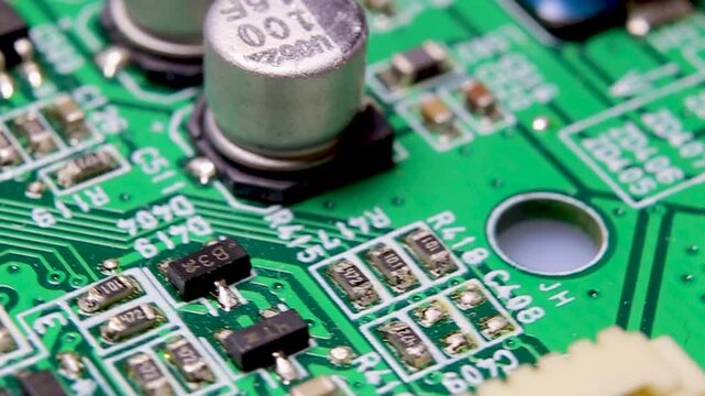 Part of an electronic printed circuit board with electronic components and connections, video macro shooting