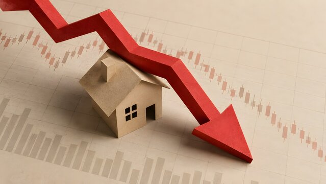 Miniature cardboard house under a falling red arrow with candlestick charts in the background depicting a real estate market drop