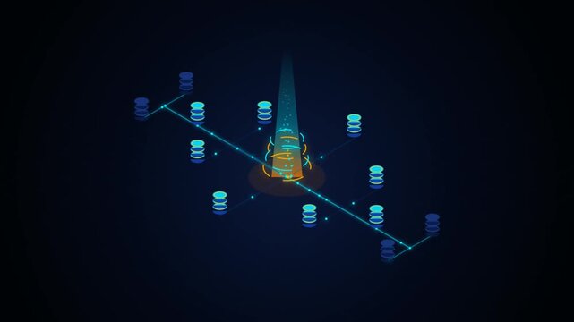 Isometric database network data transmission animation with glowing servers and central beam