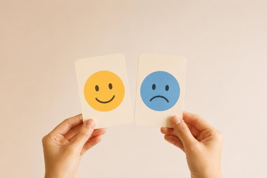 Juxtaposition of Emotions: Two hands hold up cards, one displaying a cheerful yellow smiley face and the other a somber blue frowning face, symbolizing the spectrum of human emotion and sentiment.