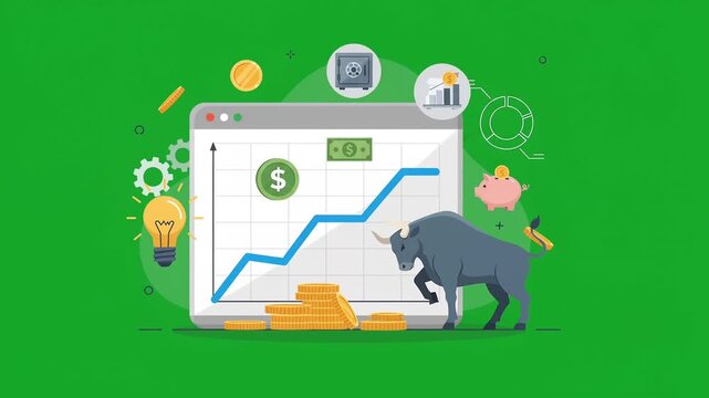 Growing Financial Chart with Bull Market Animation - Investment & Profit Concept