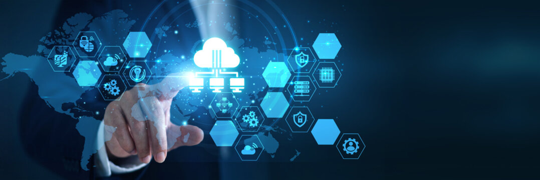 Cloud Architect Scaling servers Touching networks Cloud Computing Global network empowers remote storage. Virtual infrastructure drives modern workflow efficiently .
