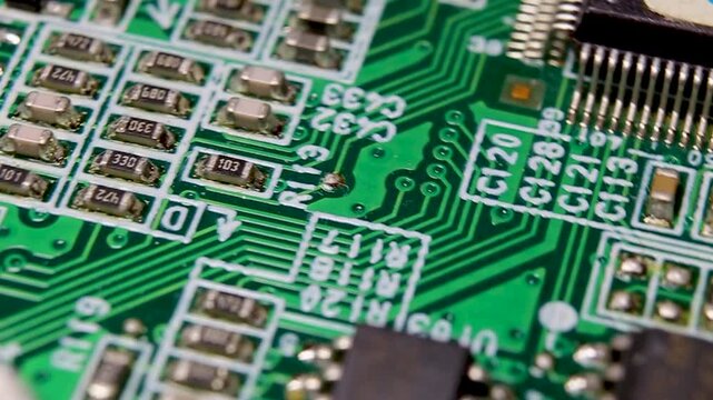 Part of an electronic printed circuit board with electronic components and connections, video macro shooting