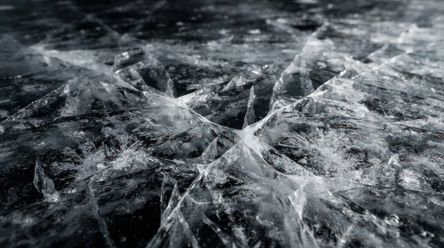 Macro view of cracked ice texture on frozen lake surface showing intricate geometric patterns and deep fissures in dark water