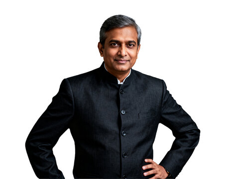 Confident Indian speaker, silver-haired, in a tailored dark charcoal bandhgala jacket, smiling warmly with hands on hips, isolated transparent