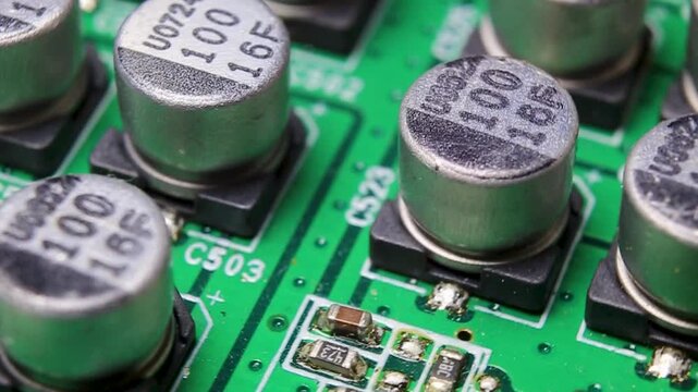 Part of an electronic printed circuit board with electronic components and connections, video macro shooting