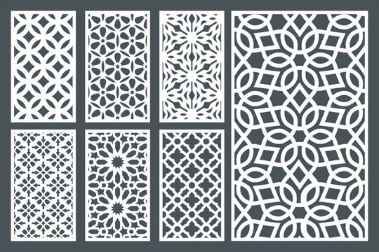 set of vertical panels, gratings. Abstract ornament, geometric, classic, oriental pattern, floral and plant motifs. Template for plotter laser cutting of paper, metal engraving, wood carving, cnc.