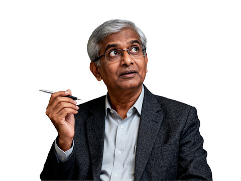 Gray-haired Indian professional, isolated transparent background, in a textured charcoal blazer holding a pen, exhibiting a pensive upward gaze