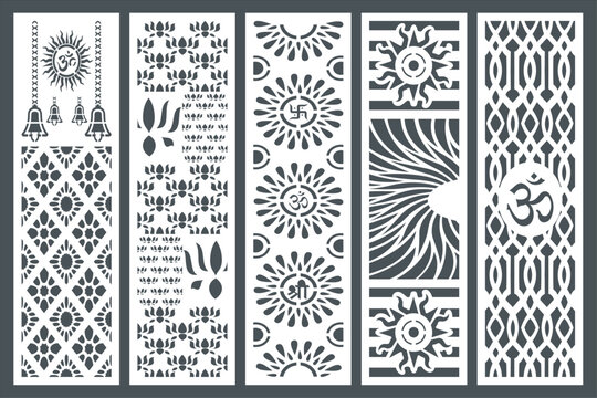 set of vertical panels, gratings. Abstract ornament, geometric, classic, oriental pattern, floral and plant motifs. Template for plotter laser cutting of paper, metal engraving, wood carving, cnc.