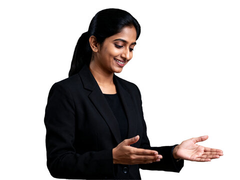 Poised Indian professional, warmly smiling in a black suit, thoughtfully presenting with open hands, an isolated transparent cutout