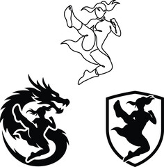 Fototapeta premium Martial arts kick silhouette set with dragon