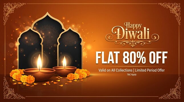 Happy Diwali Sale Banner with Flat 80 Percent Off and Traditional Arch Backdrop